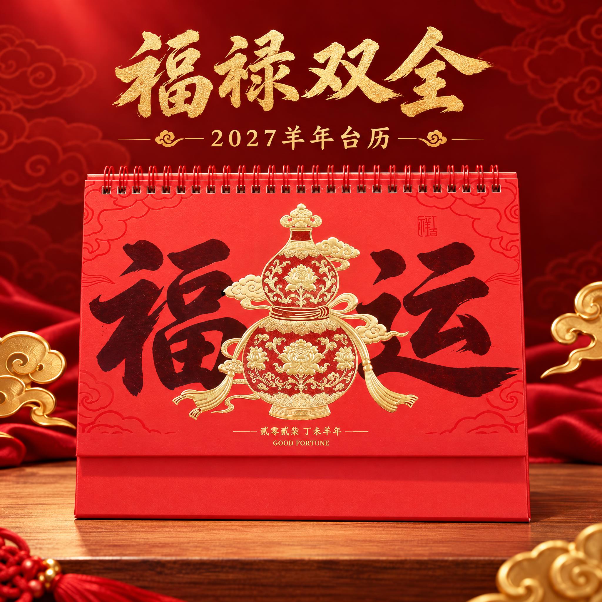 福运葫芦款（深色字）红色台历单张产品主图，高端新年礼品风格。… - 图片创意预览