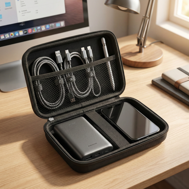 将完全展开的黑色数码收纳包内部整齐放入手机、充电宝、数据线和手写笔，平放在简约浅木色书桌上，背景是模糊的电脑显示器和精致台灯，温暖室内自然光从侧面洒入，营造高效整洁的居家办公氛围，微距特写，画质极其细预览效果