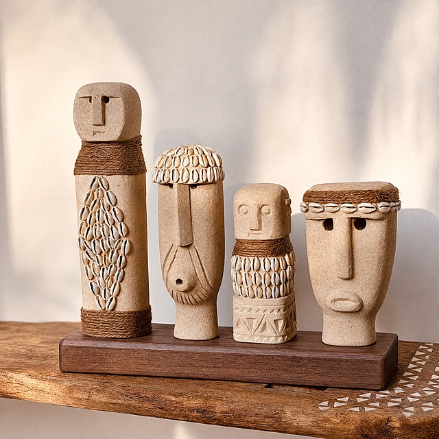 Use the provided reference image as the edit target. Create a photorealistic, manufacturable ecommerce product prototype while preserving the original warm natural lighting, beige wall, rustic wooden tabletop, camera angle, and the four existing abstract stone-look figures.

Keep exactly four distinct figures and preserve their handcrafted-looking facial shapes, warm sand-colored stone texture, restrained cowrie-shell-inspired white accents, and natural jute cord details. Arrange the four figures as a cohesive family group with balanced height variation, without assigning stereotypical gender roles.

Remove the separate visible black metal display stands. Secure all four figures upright on one shared rectangular solid walnut wood base using believable concealed metal pins and flat contact points. The base should look stable, easy to manufacture, and proportionate to the figures, approximately 180 mm wide, 70 mm deep, and 18 mm thick, with softly rounded 3 mm edges. Give the front face of the wooden base a clean, flat, completely blank engraving area at least 150 mm wide and 22 mm high. Do not place any text, logo, symbol, date, or decorative carving on the blank area.

Style: organic modern, refined boho, warm minimalist home decor, quiet luxury, tasteful Western gift-market aesthetic. Color palette: sandstone beige, cream, natural jute, and medium walnut brown. Show realistic material grain, contact shadows, physical weight, stable mounting, and commercially plausible construction. Keep the styling restrained and premium, suitable for a personalized family, anniversary, wedding, or housewarming gift.

Product must look like it can be assembled from readily available stone-look resin or mineral-composite figurines, jute cord, white ceramic shell-shaped beads, a solid walnut or beech base, and standard concealed mounting pins.

Do not add extra figures, hands, plants, candles, text, logos, packaging, watermarks, religious symbols, invented tribal motifs, fantasy details, floating objects, impossible joints, excessively distressed surfaces, or an oversized base. Do not change the figures into realistic human portraits. Do not imitate a named brand or claim cultural authenticity.

Output: one square 1:1 high-resolution ecommerce-style hero image, the entire product fully visible, centered composition, realistic shadows, no cropped objects, no typography.