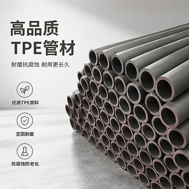 [单张主图] 高品质TPE管材，高级质感专业建材电商主图，目标突出产品耐磨抗腐蚀的核心卖点，适配淘宝天猫平台
[路线判断] 高级氛围感主图，符合建材品类专业可信的调性，突出材质真实感
[画面主体] 商品主体为成堆叠放的灰色TPE管材，保持产品外观、物理结构、材质质感、颜色与输入产品图绝对一致，杜绝任何变形和色差，精细化处理。管材主体占画面约55%，居中偏下摆放，完整清晰不裁切。
[构图版式] 采用左文右物场景型版式，左侧大面积留白放置文案，右侧放大展示产品主体，底部用工业质感浅灰色台面承托
[场景元素] 背景为浅灰白色渐变的干净简约背景，搭配少量浅灰色工业质感阴影，右侧产品主体周围无多余杂物，左侧文案区保持干净留白。右下角添加三个轻图标标注对应核心卖点。
[文案版式] 左上留白区域：大号中文主标题「高品质TPE管材」，下方小号副文案「耐磨抗腐蚀 耐用更长久」；三个图标卖点依次排列：第一个图标搭配文字「优质TPE原料」，第二个图标搭配文字「坚固耐磨」，第三个图标搭配文字「抗腐蚀防老化」。所有文字均放在留白区域，不遮挡产品主体，字体采用轻无衬线，层级清晰。
[光影质感] 主光为左侧柔和自然工业光，辅光为右侧补光，产品边缘有清晰轮廓投影，管壁材质纹理清晰，整体光线均匀通透，商业摄影质感，产品清晰真实，画面干净高级，低饱和度风格，突出专业品质感。
[配色字体] 主色调浅灰白，辅助色提取管材本身的灰棕色，强调色为深灰色；主标题字体更大更粗，辅助文案缩小50%以上，强对比清晰可读。
[比例分辨率] 1:1比例，2K分辨率，文字清晰可辨，超高清商业摄影质感
[负向提示词] 变形，文字错乱，产品图模糊，背景杂乱，水印，电商平台Logo，错字，主体遮挡，结构错误
