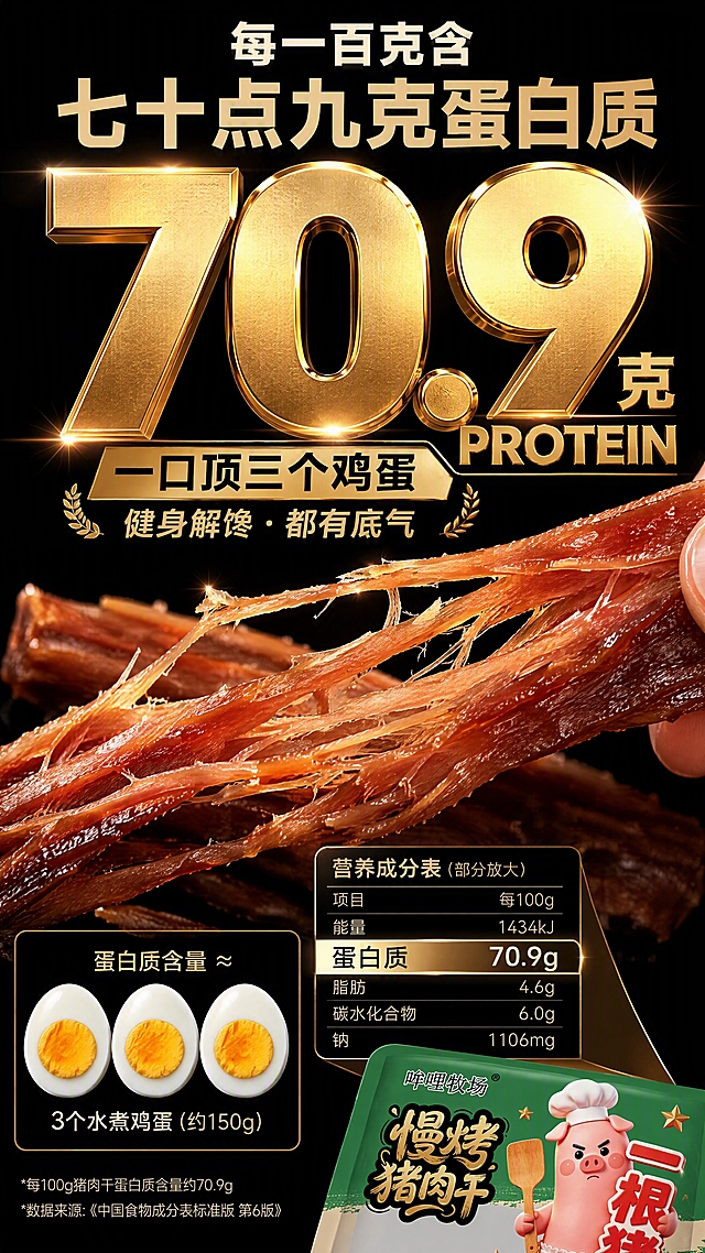 拼多多卖点图高蛋白王牌，纯黑背景高级感。超大金色立体数字七十点九克PROTEIN居中占满上半屏，金属质感闪闪发光。下方手撕猪肉干拉丝特写，肉丝根根分明油润有光泽。左下角三个水煮鸡蛋图标横向排列做蛋白量对比，右下角营养成分表局部放大聚焦蛋白质行。主标题每一百克含七十点九克蛋白质，副标题一口顶三个鸡蛋健身解馋都有底气。大字报冲击力强，高对比度。右下角露出用户提供的产品包装一角，包装外观与参考图一致。竖版九比十六，4K高清。
