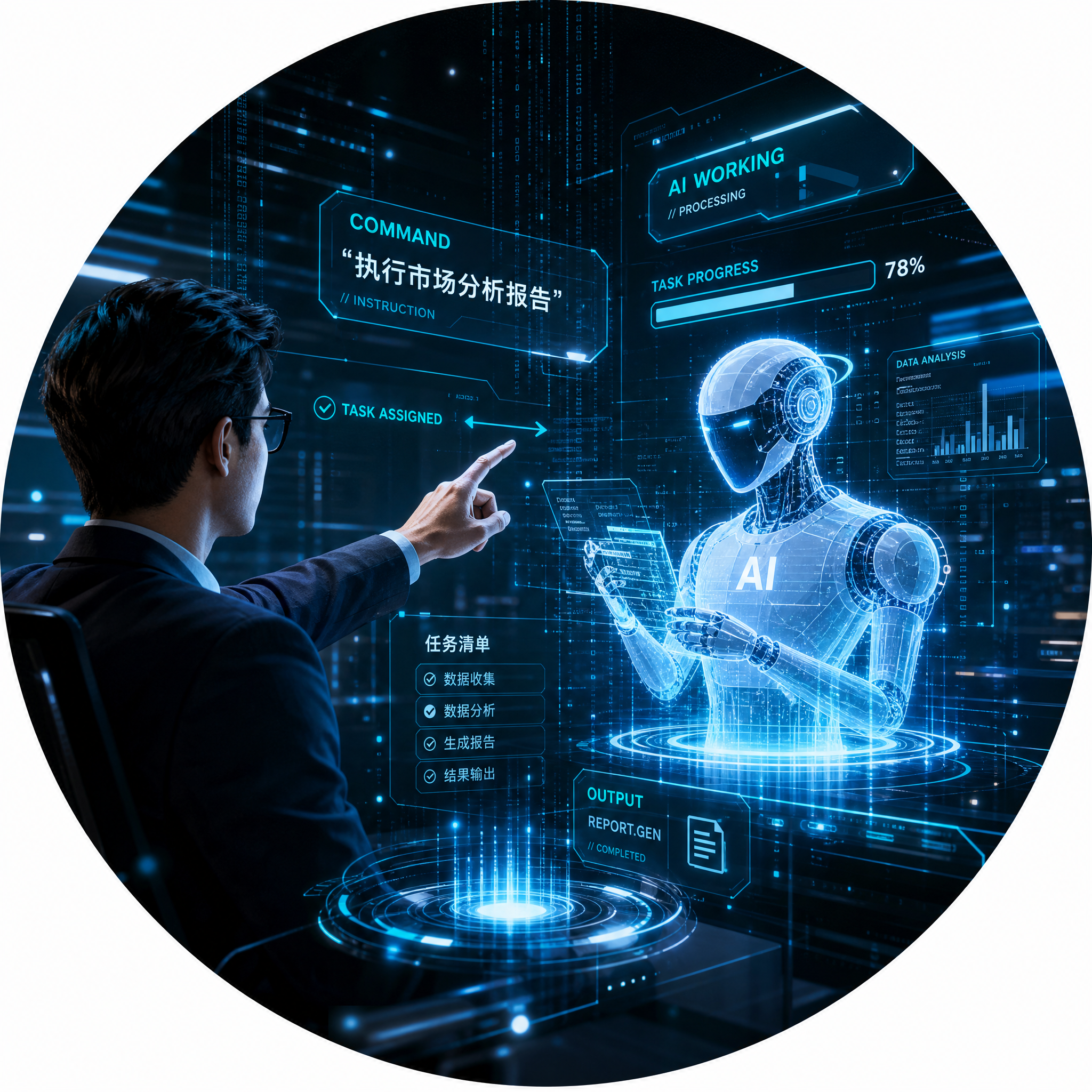 抖音账号头像，科技感风格，人类指挥AI工作的主题。画面中一位职… - 图片创意预览
