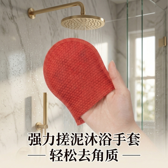 背景换为高档淋浴室，1：1主图，加入字幕（强力搓泥沐浴手套I轻松去角质预览效果