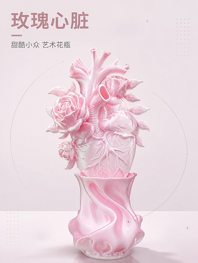 [第1屏] 详情页头图-玫瑰心脏花瓶小众艺术风宣传海报。本屏使用【图1】作为商品主体。
[氛围/风格] 甜酷小众艺术风，简约高级氛围感，商业摄影质感，展现独特反差美学。
[元素布局] 花瓶产品位于画面中央，占比约70%；搭配简约渐变背景，点缀少许浅灰几何线条增加设计感；产品结构、肌理、颜色与输入产品图保持一致，保留心脏血管与玫瑰花叶的细节特征。
[光影质感] 正面柔和主光，侧方辅光突出立体肌理，底部自然投影，整体光影通透富有层次感。
[配色色系] 全局底色 #f8f0f5；主色为产品珍珠浅粉；辅助色为浅灰点缀。
[视角构图] 正面平视，产品为绝对视觉中心，阅读动线从上至下自然流畅。
[文字版式] 上方主标题「玫瑰心脏」，下方副标题「甜酷小众 艺术花瓶」，字体采用简约现代无衬线，左上方排版不遮挡主体；文字清晰醒目，配色与背景协调。
[比例分辨率] 3:4 竖版比例，4K分辨率，文字清晰可辨，高清画质。
[负向提示词] 产品变形，缺件错件，颜色偏差，文字错乱，水印，背景杂乱，结构错误。