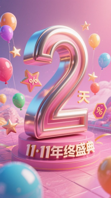 金属艺术字体设计“11·11年终盛典 倒计时2天”中的“2”要大突出，成为画面主体，金属质感，粉色背景，活动氛围，促销元素包围预览效果