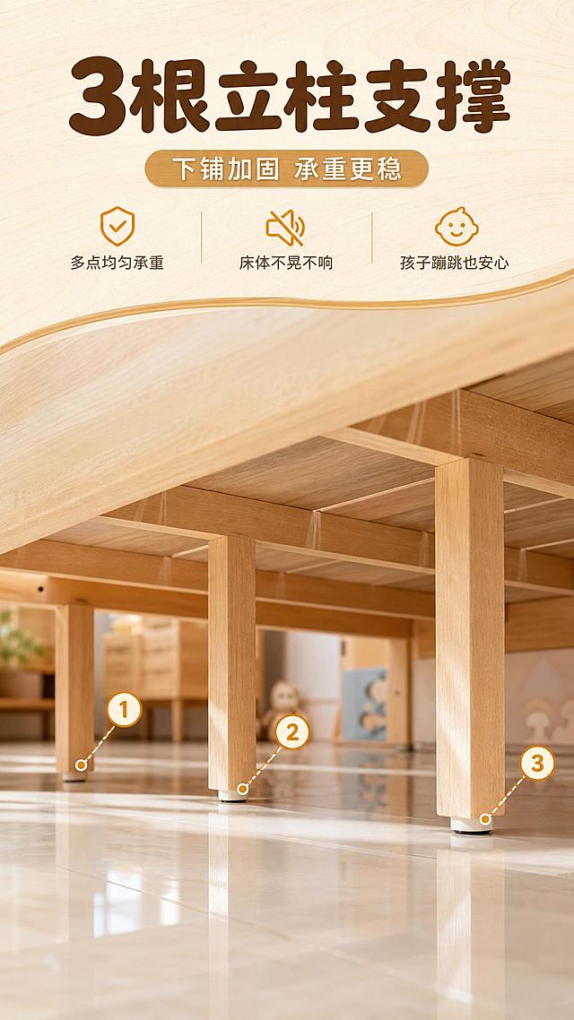 [商品] 使用【图7】下铺床底立柱支撑特写；保留3根立柱结构、实木材质、原木色、立柱底部脚垫、龙骨结构；不改变立柱数量和支撑结构。
[画面] 目标：稳固支撑页，展示下铺3根立柱支撑的稳固承重设计。构图：上文下景，顶部文案区，下方床底仰视立柱特写。主体：下铺底部3根立柱支撑结构占画面约55%，清晰展示每根立柱与地面接触。场景：儿童房内低角度仰视，地面反光，暖光从侧面打亮立柱。前中后景：前景地面反光、中景3根立柱与床板底部、后景虚化房间。
[视觉] 套系策略：风格=温馨原木风儿童房商业摄影；标题字=圆润可爱粗体中文；正文字=简洁无衬线体；主色=原木暖棕+米白；背景延展=基于原木暖棕和米白做深浅层级、同色渐变和细腻木纹/纸质感；强调色=暖橙黄，仅用于小面积图标、引线和标签；标题色=深棕木色；正文色=中暖灰；组件=圆角浅木色信息卡、细线引线、数字标注；光影=侧暖光打亮立柱，突出支撑结构立体感。
[文字] 顶部文案区：主标题"3根立柱支撑"，副标题"下铺加固 承重更稳"，3个信息点："多点均匀承重""床体不晃不响""孩子蹦跳也安心"，画面中用引线分别标注3根立柱位置。文字不遮挡立柱主体。
[规格] 图片比例9:16竖版，4K，避免变形、错字、文字过小、冷蓝背景、立柱数量改变、极限词。