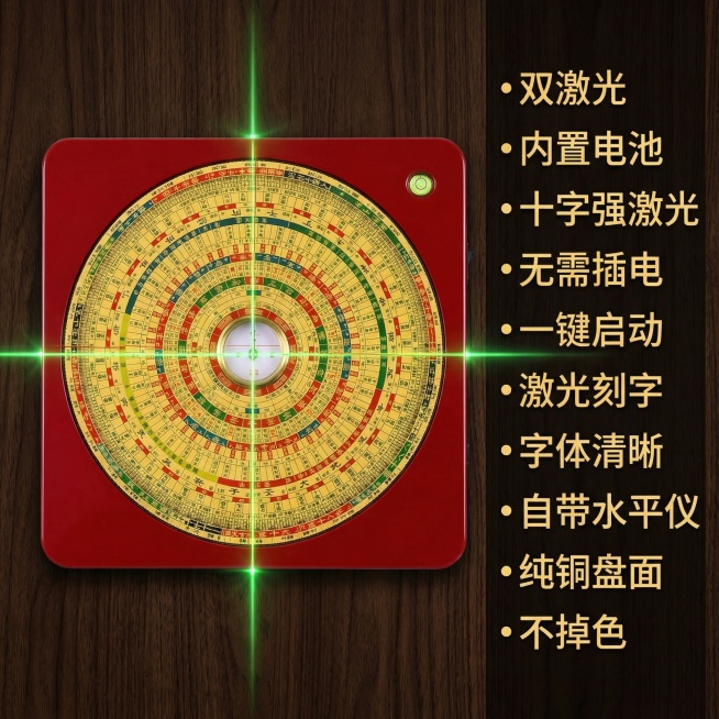 [主图10] 激光罗盘整体卖点总结，中式专业风格，产品主体居中展示，右侧分竖排列出全部核心卖点：双激光、内置电池、十字强激光、无需插电、一键启动、激光刻字、字体清晰、自带水平仪、纯铜盘面、不掉色，每个预览效果