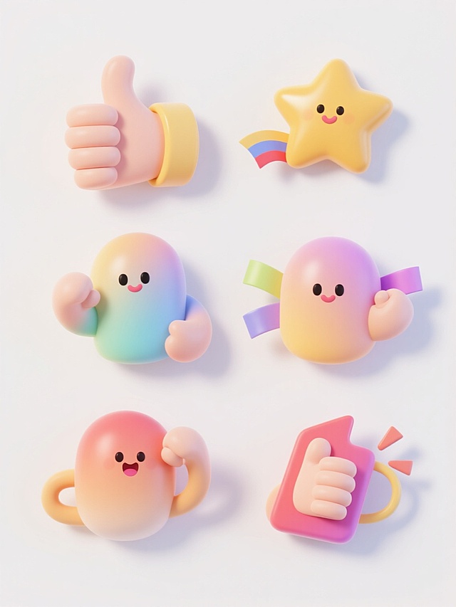 3D卡通风格，6个不同样式、不同造型、不同姿势、不同配色的加油主题元素，每个元素具有圆润光滑的3D质感，柔和的渐变色彩，明亮的高光和自然的阴影效果，白色背景，元素排列整齐形成视觉平衡，整体氛围积极向上充满活力，包含加油手势、星星、彩带等象征性元素，设计简洁可爱，适合作为激励性主题的装饰图案。