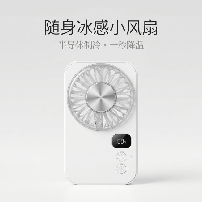 1:1竖版电商主图，严格还原上传的白色卡片式手持小风扇，包括透明扇叶、金属制冷面板、数字电量显示屏（显示80%）、按键布局等所有细节，尺寸比例保持1:1。整体采用极简留白风 + 哑光质感风设计，背景为预览效果