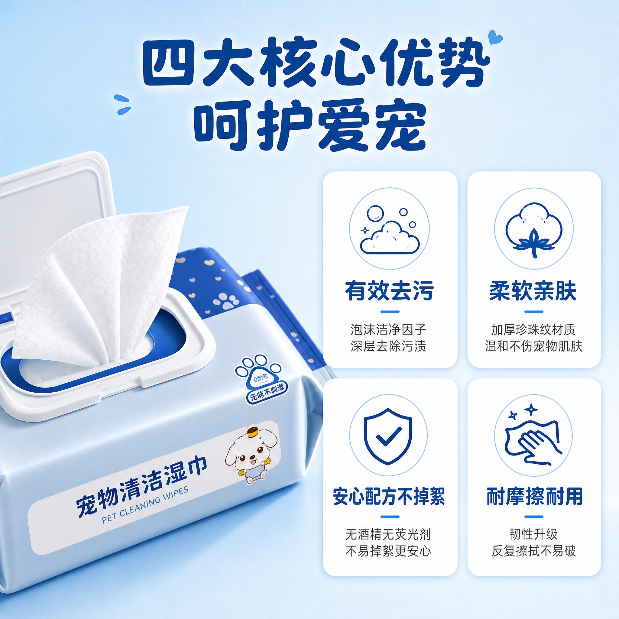 [主图-2] 宠物清洁湿巾核心卖点图，展示4大核心卖点，用图标… - 图片创意预览