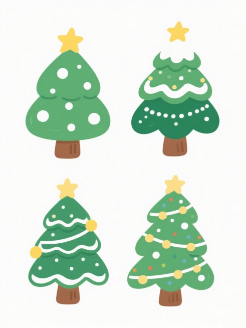 四个不同样式、不同装饰、不同造型的圣诞树，均采用手绘卡通风格，绿色树冠边缘圆润柔和，表面有白色圆点装饰，顶部为黄色星星，树干为棕色，整体色彩明快，白色背景，排列整齐，构图简洁，每个圣诞树造型各异，装饰细节丰富，保持统一的卡通手绘质感和色彩和谐度。预览效果