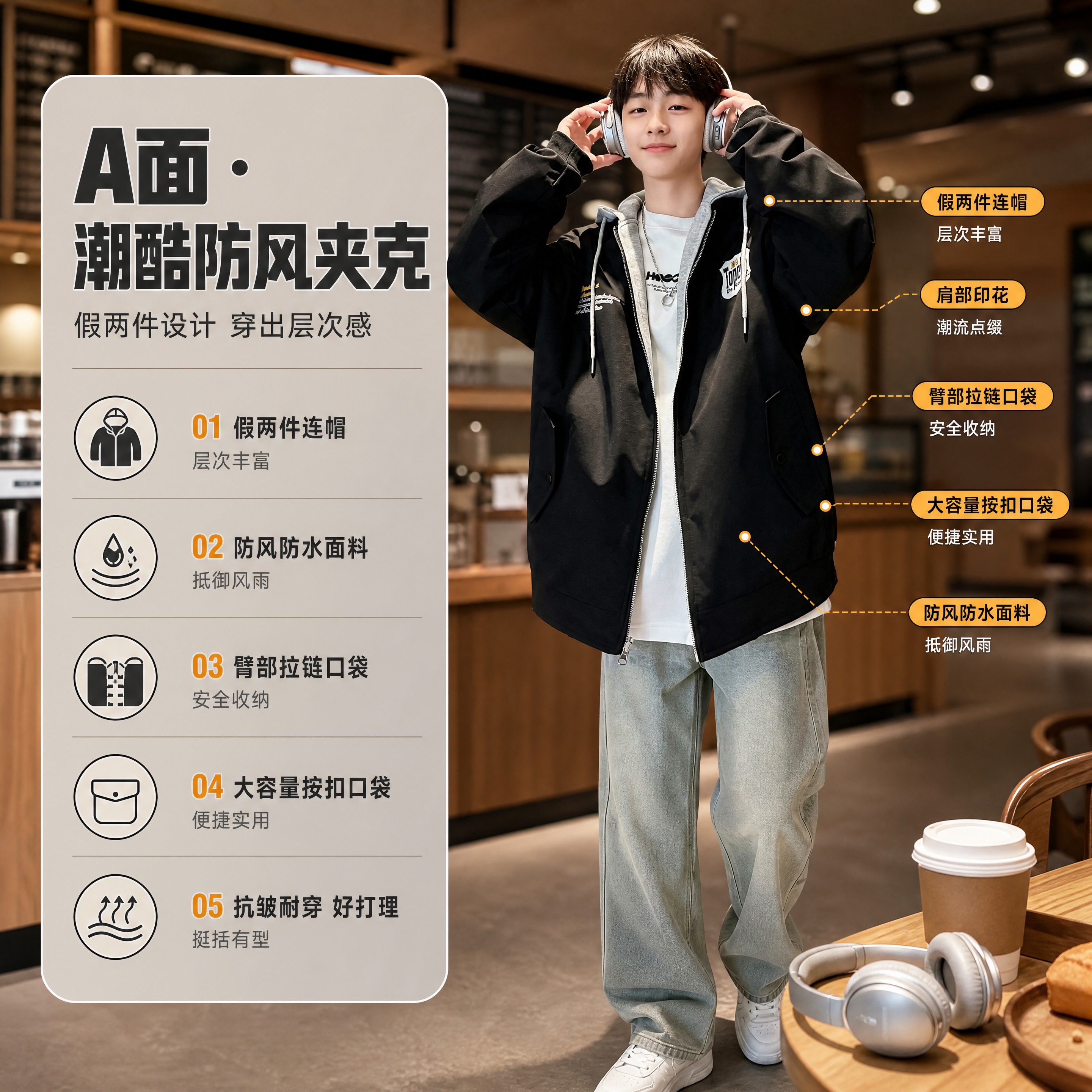 [商品] 使用【图2】【图3】黑色防风防水假两件面；保留黑色外… - 图片创意预览
