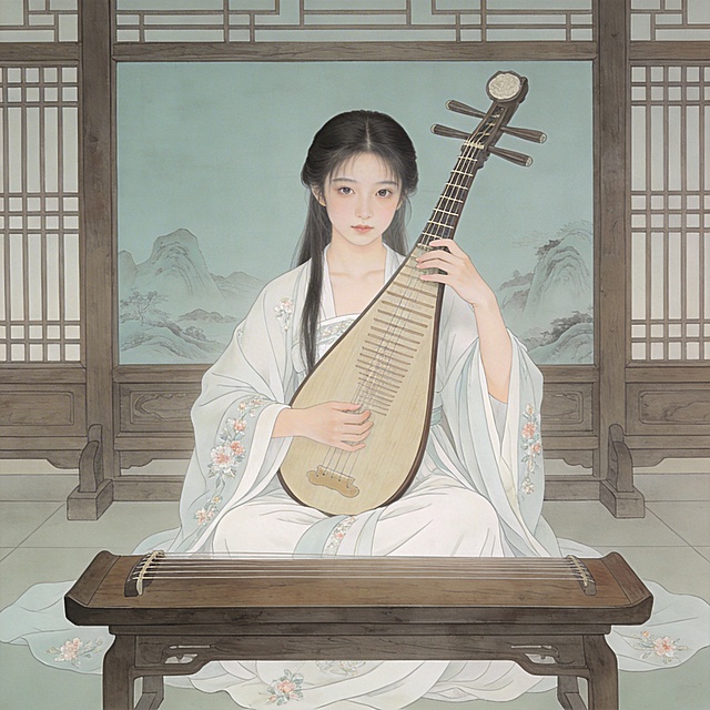 17岁清秀温婉的少女，身着素雅襦裙，是教坊司弹琵琶的艺伎，眼神纯净略带怯意，全身人物形象，古风写实风格