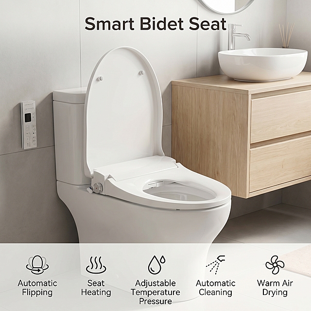 [Main Image 1] Smart Bidet Toilet Seat product showcase. [Atmosphere Style] Cozy healing home style, clean minimalist modern bathroom. [Image Quality] Commercial photography texture, soft and transparent light, clear and realistic product, clean and advanced picture. [Elements] Place the smart bidet toilet seat from the input image in the center of the clean modern bathroom, product installed on a white ceramic toilet, background with light gray wall tiles, light wood vanity and white ceramic sink, simple bathroom layout. Keep the product appearance (physical structure, material texture, color) absolutely consistent with the input product image, eliminate any deformation and color difference, fine processing. Product主体占比严格控制在 60%-80% 之间. Full screen without border. [Light and Shadow] Soft top-side light, the main light from the front side, bright and clean, light permeability is good, the bathroom space has a level of sense, bathroom ceramic reflection soft, there is no glare. [Color Matching] Main color is light off-white, auxiliary color is light wood tone, fresh and healing. [Perspective Composition] Front eye-level perspective, medium depth of field, product complete without cutting. [Text Layout] Upper center large text "Smart Bidet Seat", all text in English, font simple. Bottom arrangement of 5 core functions: Automatic Flipping, Seat Heating, Adjustable Temperature Pressure, Automatic Cleaning, Warm Air Drying, each function uses a small icon with text, arranged horizontally, light text color with strong contrast, clear and easy to read, text placed in the negative space does not block the product. [Proportion Resolution] 1:1 proportion, 2K resolution; clear text, super high definition. [Negative Prompt] Deformation, watermark, text disorder, blurred product image, messy background.