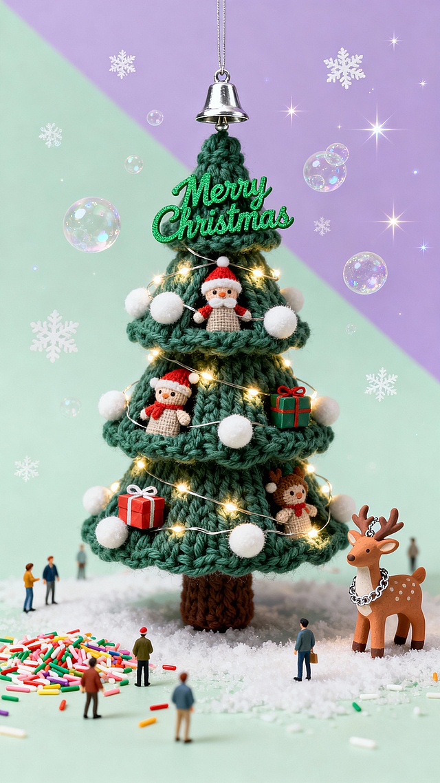 五层毛线编织的微缩圣诞树场景，点着串灯、奶白色绒球，顶部银色铃铛，树身有 “Merry Christmas” 绿线艺术字。每层嵌着布艺玩偶与圣诞礼盒；树外右下角摆着陶制驯鹿（挂银链），地面撒着彩色糖针。背景是对角渐变的浅紫浅绿双色，空中飘着泡沫雪花与星光。
