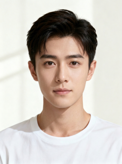 将图中男模特调整为18-20岁的少年感形象，五官更秀气柔和，面部线条更稚嫩，去除成熟感，保留清爽英气，肤色更通透预览效果