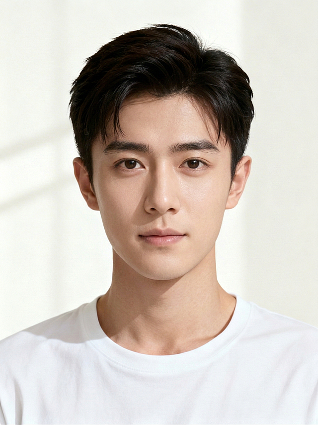 将图中男模特调整为18-20岁的少年感形象，五官更秀气柔和，面部线条更稚嫩，去除成熟感，保留清爽英气，肤色更通透