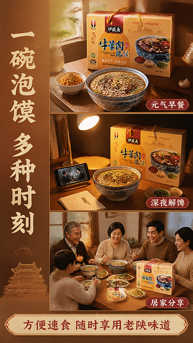 [第8张] 场景种草页——多场景食用牛羊肉泡馍。本张使用【图1】作为商品主体（场景中露出），参考【图2】的中式古风暖棕木纹风格。
[氛围/风格] 生活方式场景种草风，暖色调，家常烟火气，真实生活场景感。
[元素布局] 画面采用三图竖拼场景版式：上图「早餐时刻」——餐桌上一碗泡馍配小菜，阳光从窗户照入，温馨早餐场景；中图「夜宵解馋」——深夜书桌/沙发旁，一碗泡馍配手机，加班/追剧夜宵场景；下图「居家分享」——家人围坐餐桌，泡馍礼盒放在一旁，家庭分享场景；每张场景图中产品包装或成品清晰可见；背景为暖棕渐变。
[光影质感] 早餐图有晨光暖调，夜宵图有暖黄灯光氛围，居家图有温馨餐厅光，每张图光线自然真实。
[配色色系] 全局底色 #A0683A 暖棕渐变；主色暖黄+深红；辅助色木色家具、白色餐具、绿色点缀。
[视角构图] 纵向三段场景拼图，阅读动线从上到下：早餐 → 夜宵 → 居家分享，每段配场景标签。
[文字版式] 左侧竖排大标题「一碗泡馍 多种时刻」，书法体；每段场景图右下角配场景标签「元气早餐」「深夜解馋」「居家分享」，宋体白字配深红底；底部横条「方便速食 随时享用老陕味道」；字色米白+深红，与前页字体统一。
[比例分辨率] 9:16 竖版比例，4K 分辨率，文字清晰可辨，高清画质。
[负向提示词] 人物不自然，产品包装变形，水印，文字过小，场景虚假，颜色偏差。