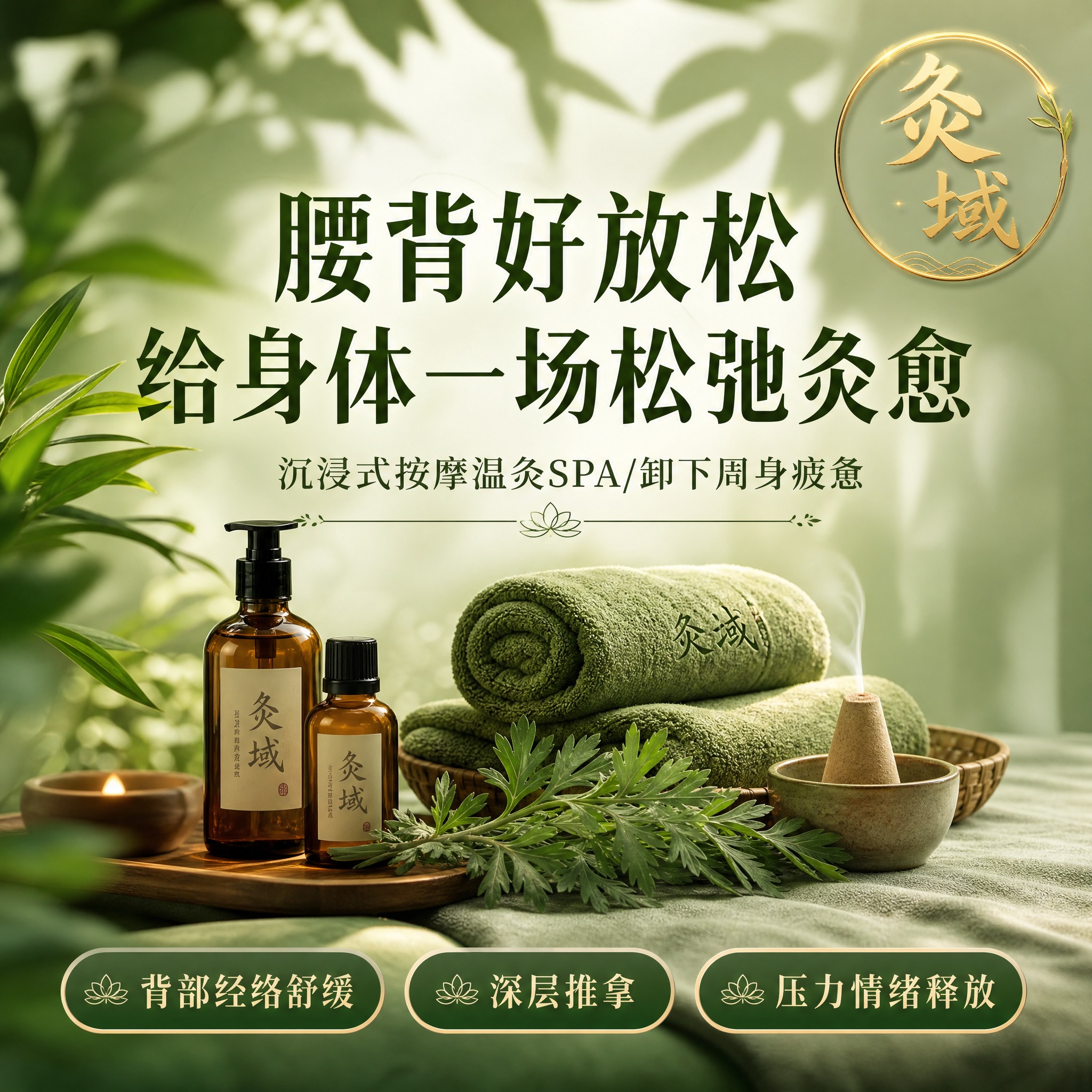 抖音团购头图，1:1正方形比例，灸域品牌养生SPA主题。画面整… - 图片创意预览