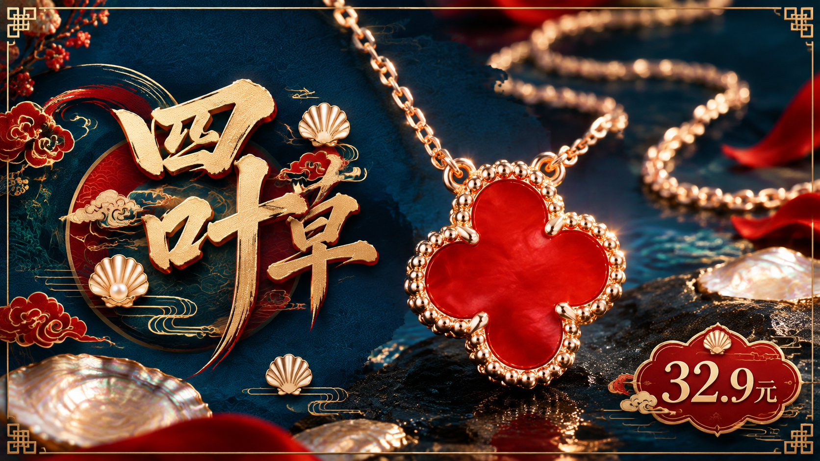 中国风撞色项链海报，1200*600px横版，主色中国靛蓝，红… - 图片创意预览