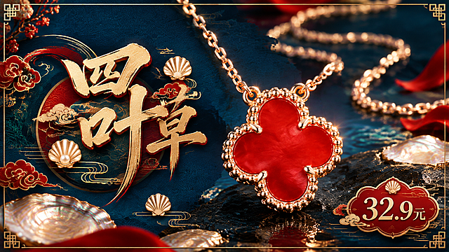 中国风撞色项链海报，1200*600px横版，主色中国靛蓝，红色为辅，四边有金边装饰。画面主体为红色四叶草贝母项链，近处四叶草吊坠大而清晰，远处金属蛇骨链像河流一样随意摆放在后侧，项链周围点缀云纹和贝壳小图标装饰，体现贝母材质细节。左侧是毛笔艺术大字“四叶草”，字体融合贝壳元素和云纹中国风元素，字体设计混合艺术字风格。右下角有简约价格标签图标，标注“32.9元”。整体版面有冲击力，产品与左侧大字结合紧密，国风光影效果映衬商品，体现贝母四叶草项链的精致质感，蓝红撞色对比强烈，高级中国风商业海报风格。