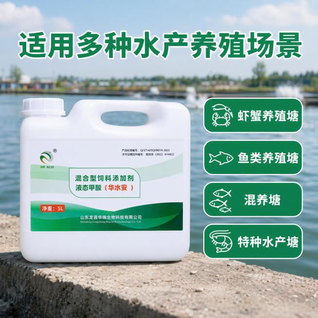 [主图-4] 华水安水质修复剂适用场景展示图；[氛围风格] 真实自然简约；[画质] 高清商业摄影质感，画面干净通透；[元素] 5L桶装产品放置在干净的浅灰色调水产池塘边实景，产品放在前景偏左，背景虚化预览效果