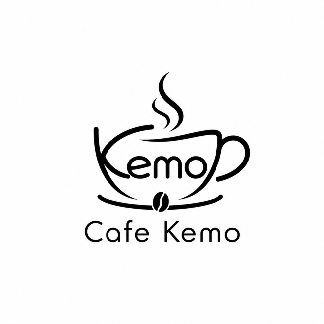 打破原有构图思路，重新原创设计咖啡商标logo，品牌名是“Cafe Kemo”，要求简约极简风格，扁平矢量黑色线条设计，白色背景，包含咖啡杯和咖啡豆元素，将文字和咖啡杯创意结合，原创全新设计，不沿用之预览效果