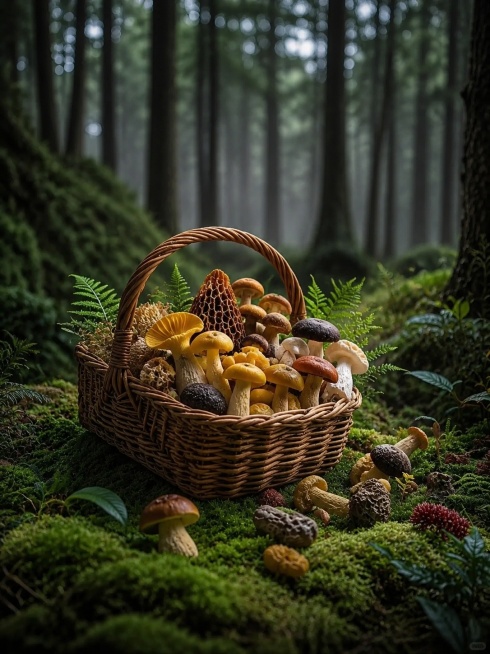 参考该图片的风格，重新生成一篮野生蘑菇放在森林苔藓上的画面，移除所有文字，保留藤编篮子和多种蘑菇的构图，保留森林背景的自然氛围感，写实摄影风格预览效果