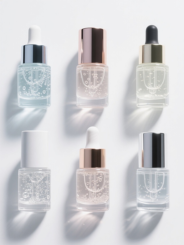 超写实主义风格，六个不同配色、不同样式、不同材质的精华瓶，在纯白色背景上呈整齐排列。每个精华瓶内装有晶莹剔透的液体，带有细腻气泡和流动质感，光影效果突出，高光和阴影过渡自然，展现出玻璃或塑料容器的光滑表面与液体的透明感，整体构图平衡对称，视觉层次分明，突出产品的高端质感与纯净特性。