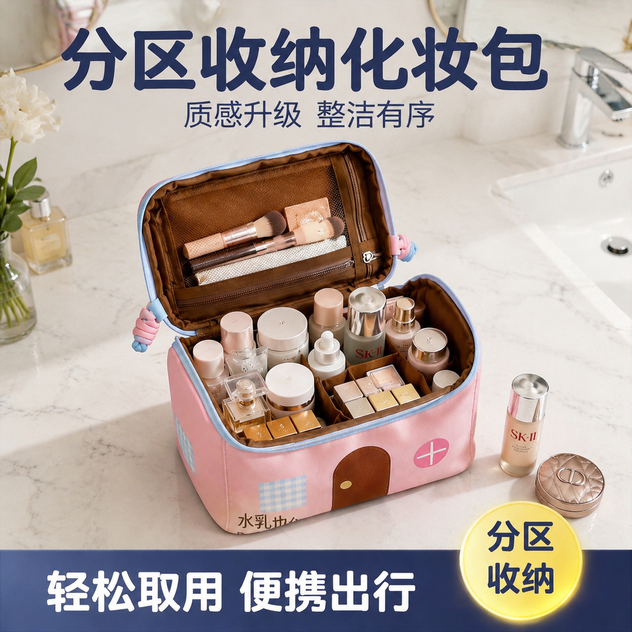 [主图-2] 小房子化妆包分区收纳容量展示，开盖内部满载展示，… - 图片创意预览