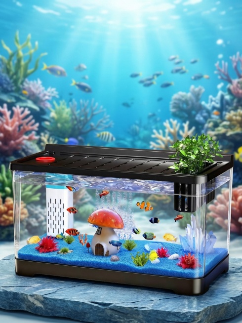 保持鱼缸主体物理结构不变，缸内造景、生物、配件完全保留不变，将鱼缸放置在平坦的青石板上，背景为明亮高级的海底环境，背景做轻微虚化处理，重点突出鱼缸，整体为国内电商时尚画报风格，全屋漫射柔光，画面明亮干预览效果