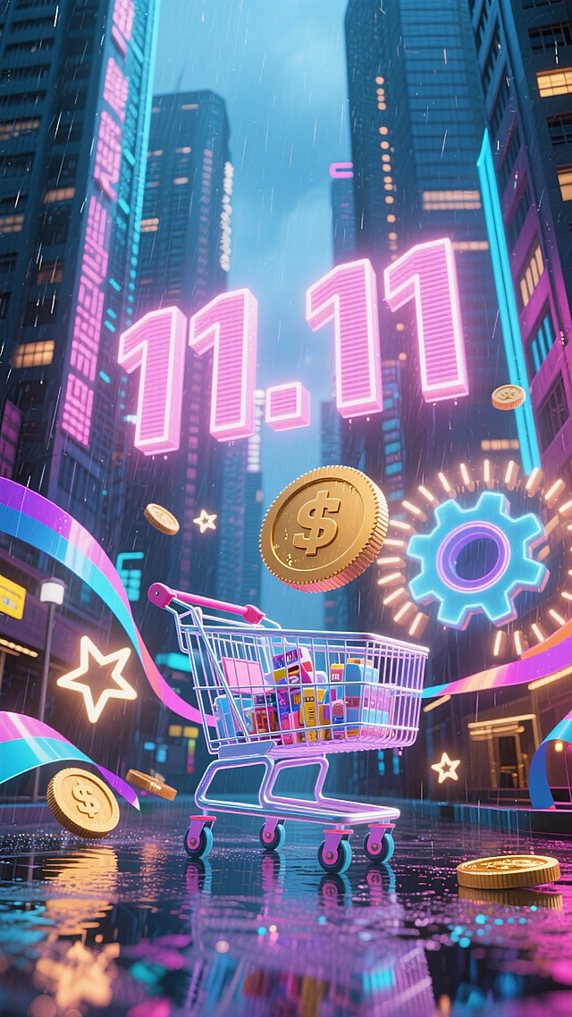 赛博朋克风3D场景，霓虹灯辉映雨夜都市，购物车满载商品，金币飞舞，粒子特效环绕，未来感十足的双11促销狂欢。