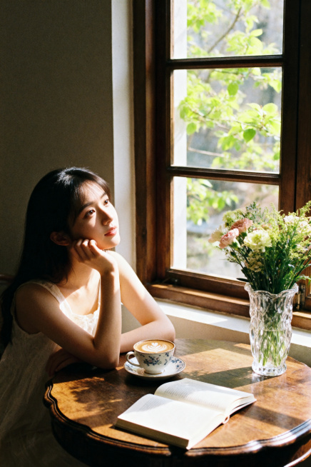 舒适的春日咖啡馆室内场景：年轻女性坐在古董木质桌前，位置靠近大窗户，温暖阳光洒落进室内，瓷质咖啡杯上有精致拉花艺术，新鲜花卉插在透明玻璃花瓶中，桌上放着一本打开的书籍，窗外可见春日新鲜绿叶，温暖色温，预览效果