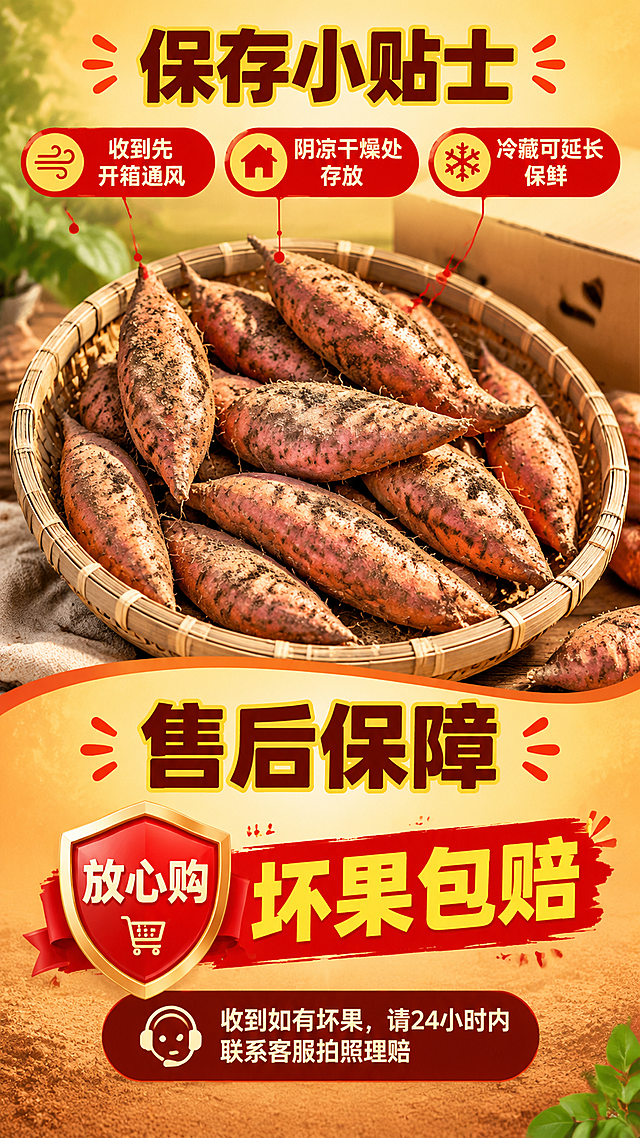 [商品] 使用【图1】新鲜带泥沙地红薯；商品处理：保留红皮纺锤外形，作为储存示意中的产品展示。
[画面] 目标：储存方法与售后保障，消除购买顾虑。构图：上下分栏，上半部分储存方法，下半部分售后保障。主体位置：中间偏上，红薯放在通风的竹篮/纸箱中。景别：中景。前中后景：前景储存容器和红薯，中景文字说明卡片，后景暖黄色渐变背景。场景：家庭储存场景，温馨实用。
[视觉] 套系策略：风格=拼多多接地气农产品商业摄影风；标题字=粗黑醒目黑体大字；正文字=简洁黑体；主色=土橘红+暖黄；背景延展=基于土橘红和暖黄做深浅渐变、沙地纹理质感；强调色=正红色，仅用于小面积价格标签、卖点图标和引线；标题色=深棕红+黄色描边；正文色=深褐色；组件=圆角红底黄字信息卡、粗线引线、爆炸贴标签；光影=均匀柔光，信息清晰易读。
[文字] 上半部分主标题「保存小贴士」，下方3点：「收到先开箱通风」「阴凉干燥处存放」「冷藏可延长保鲜」。下半部分主标题「售后保障」，大字「坏果包赔」，下方小字「收到如有坏果，请24小时内联系客服拍照理赔」。配盾牌/放心购图标。
[规格] 图片比例9:16竖版，4K分辨率，负向提示：避免变形、错字、文字过小、冷蓝背景、虚假承诺、极限词。