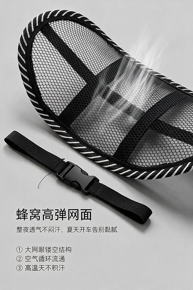 2:3竖版高清电商详情页卖点屏，8K超清画质，极简冷淡风简约轻奢设计，黑白低饱和高级色调，柔和通透侧光光影；画面上半部分斜向45°摆放车载护颈枕，特写蜂窝网眼镂空表层，半透明气流线条动态穿过网孔可视化透气效果，气流线条呈浅灰色渐变，营造微风流动感；严格还原上传的产品实物图所有细节，产品尺寸：常规长约 30.5cm、宽约 17cm（行业通用标准尺寸）；文字统一无衬线极简文字、左对齐极简排版，全系列字体风格统一；画面左侧上部主标题："蜂窝高弹网面"，主标题下方副标题："整夜透气不闷汗，夏天开车告别黏腻"，副标题下方分三行小字罗列透气优势："① 大网眼镂空结构 ② 空气循环流通 ③ 高温天不积汗"；整体疏密对比排版，产品占画面上2/3，文字信息居左下1/3区域，大面积留白凸显通透质感，透气卖点视觉化呈现，整体风格简约高级，色调与全系列统一。