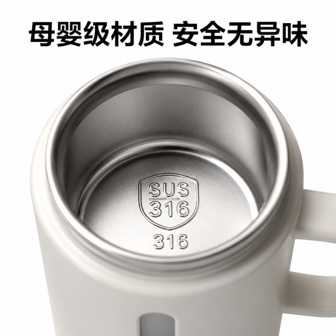[主图-2] 核心卖点细节特写，316不锈钢便携式保温杯。
[氛围风格] 专业品质写实风，清晰通透
[画质] 商业摄影质感、光线柔和通透、产品细节清晰真实、画面干净高级
[元素] 放大展示保温杯内胆，预览效果