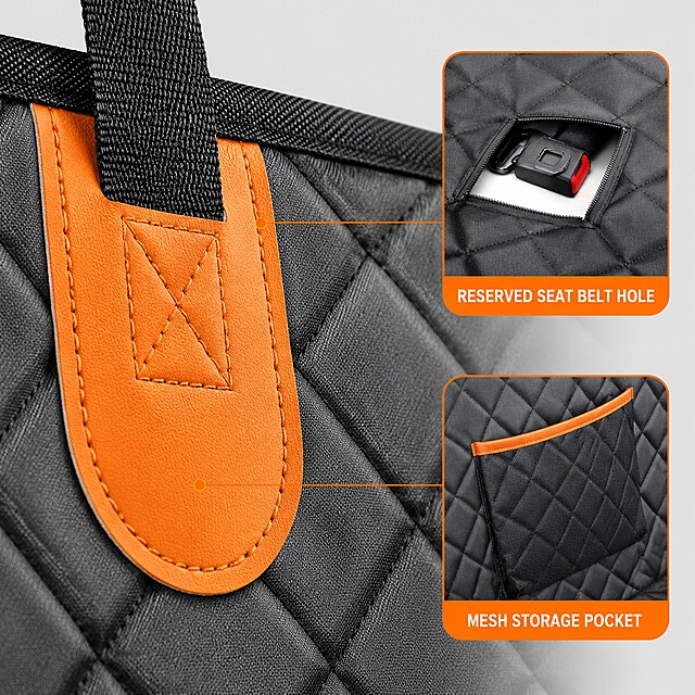 「图片1」，生成一套主图（5张），商品名称是Dog Car Seat Cover for Back Seat, Waterproof Pet Car Seat Protector Hammock，卖点是黑色菱形格纹600D牛津布材质，橙色皮革加固扣件，防水防污表面，全车吊床式设计覆盖后座与两侧车门，预留安全带插孔，网状收纳口袋，底部防滑设计，适配轿车SUV及MPV车型，60秒快速安装，适配亚马逊/跨境平台，主图比例为1:1