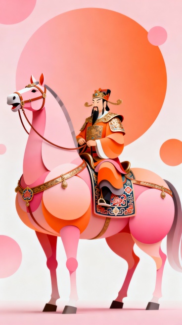 中国动物装饰画大师杰作，抽象曲面装饰画，韩美林的风格，华贵庄重的唐马，一个财神骑在马上，静态的雍容华贵，柔美色块构成，粉橙色系，叠加多个不规则弧形色块组成的唐马，头小颈细，昂头竖耳，微张着嘴，胸肌健硕预览效果