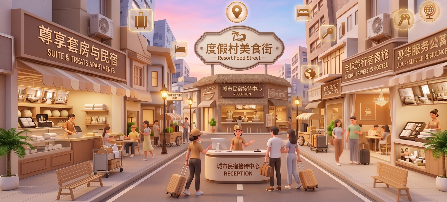 以图1为主， 尺寸大小不变，采纳图2的主色调和色系风格，周边商铺全部更改为酒店民宿等，产品展示也更改为酒店中的服务人员，产品陈列也更改为酒店中的产品陈列，酒店名称全部翻译为对应中文预览效果