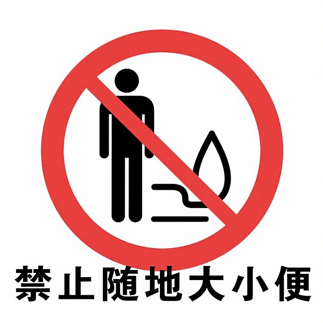 一个禁止随地大小便的标志，红色圆形边框，内部有白色背景，中间是一个黑色的禁止符号（圆圈加斜杠）覆盖在简笔画的人形大小便图案上，下方有黑色中文文字“禁止随地大小便”