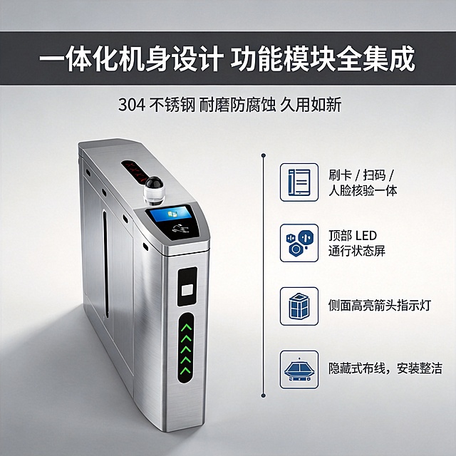 [主图-2] 一体化翼闸外观功能展示主图。
[氛围风格] 专业细节展示，突出材质与设计优势；
[画质] 商业摄影质感、光线柔和通透、产品清晰真实、画面干净高级。
[元素] 保持翼闸产品外观（物理结构、材质质感、颜色）与输入产品图绝对一致，杜绝任何变形和色差，精细化处理。产品主体占画面约60%，采用左侧产品大图右侧信息区的版式，整体满版排布。背景浅灰色渐变，干净突出主体。
[光影] 主光从左侧来，清晰展示不锈钢机身拉丝纹理，高光勾勒轮廓，暗部保留细节，整体明暗层次分明。
[配色] 主体不锈钢银白，文字深灰黑，功能点图标用深蓝点缀，专业干净。
[视角构图] 正面平视视角，完整展示整个翼闸机身，景深适中。
[文字版式] 顶部通栏大标题"一体化机身设计 功能模块全集成"，粗体深灰色；副标题"304 不锈钢 耐磨防腐蚀 久用如新"字号缩小放在主标题下方。右侧竖向排列四个功能标签：
🔹 刷卡 / 扫码 / 人脸核验一体
🔹 顶部 LED 通行状态屏
🔹 侧面高亮箭头指示灯
🔹 隐藏式布线，安装整洁
每个标签带图标，文字清晰不遮挡产品，层级分明。
[比例分辨率] 1:1比例，2048x2048像素，分辨率2K，文字清晰可辨，超高清。
[负向提示词] 变形，水印，文字错乱，产品图模糊，背景杂乱，遮挡主体