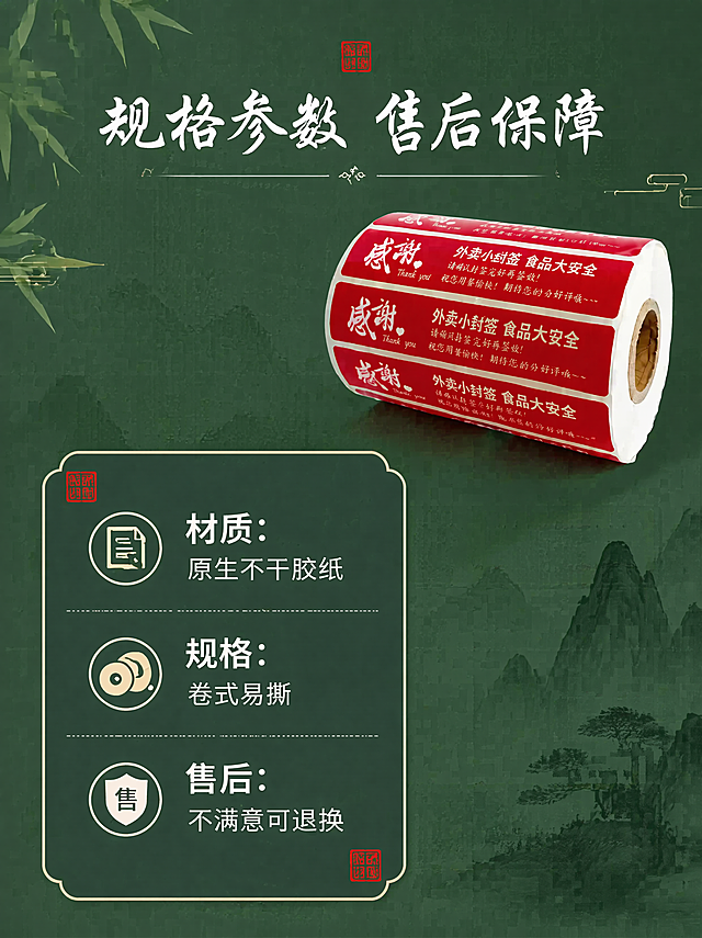 [第8屏] 规格参数与售后保障页，古风排版。本屏使用【图1】产品整体展示。
[氛围/风格] 古风素雅，墨绿底色，简洁清晰，宣纸纹理。
[元素布局] 产品小图放在画面右上区域，左下区域用古风卡片展示规格参数和售后信息，卡片采用墨绿底白框设计，每个信息点配小图标，边角添加红色印章装饰。保留产品原有颜色和外观不变。
[光影质感] 均匀柔和光影，信息卡片清晰，产品轮廓清楚。
[配色色系] 全局底色：#2C4F38（墨绿）；卡片：#3A5F46；文字：#FFFFFF；点缀红色印章。
[视角构图] 斜向构图，右上产品左下信息，平衡自然，留白充足。
[文字版式] 顶部标题「规格参数 售后保障」白色书法大字居中，参数内容：「材质：原生不干胶纸、规格：卷式易撕、售后：不满意可退换」，文字清晰排版整齐，不遮挡产品。
[比例分辨率] 3:4竖版，4K分辨率，文字清晰。
[负向提示词] 信息杂乱，遮挡产品，文字模糊，变形