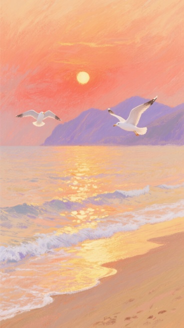 印象派风格海景插画，莫奈式笔触，柔和的橙红色天空与海面，金色沙滩，白色海鸥在夕阳下飞翔，远处有朦胧的紫色山峦轮廓，波光粼粼的水面反射着温暖的光线，整体色调温暖治愈，画面充满艺术感和浪漫氛围。预览效果