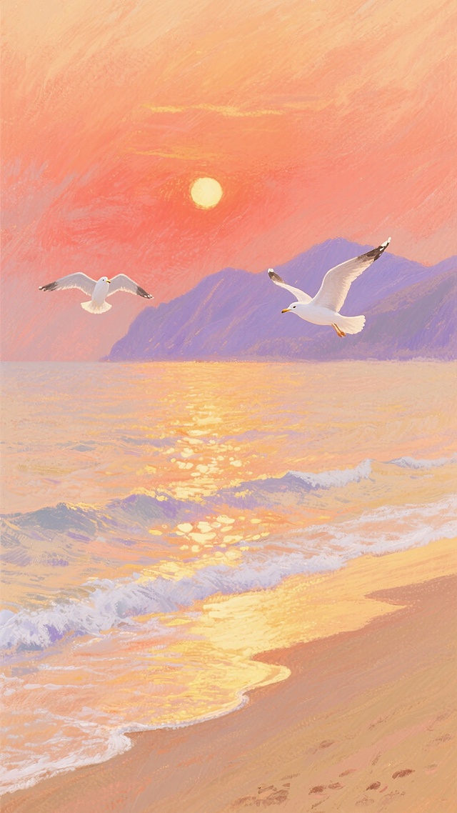 印象派风格海景插画，莫奈式笔触，柔和的橙红色天空与海面，金色沙滩，白色海鸥在夕阳下飞翔，远处有朦胧的紫色山峦轮廓，波光粼粼的水面反射着温暖的光线，整体色调温暖治愈，画面充满艺术感和浪漫氛围。