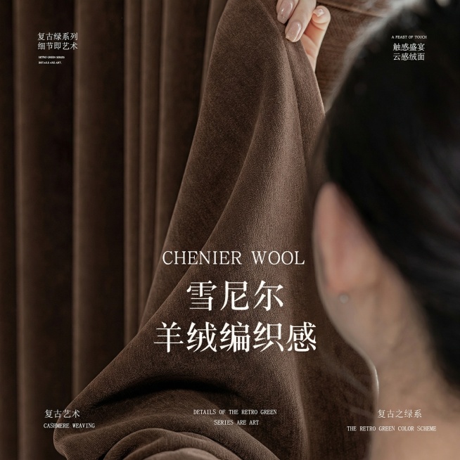 把窗帘的颜色变成深棕色，不要改变原来窗帘的质感材质，其余保持不变，也不要改变字的字体，颜色，大小，排版布局；（换色）预览效果