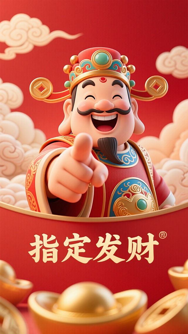 背景红色喜庆，祥云背景，一个财神半身正对镜头，感觉整个身体将要跨越镜像，开心，右手很夸张霸气的指着镜头，身体占画面的 三分之二，3D渲染，国风，精致，脸部细节， 景深，超高清画质，极致细节。前方有指定汉字“指定发财”