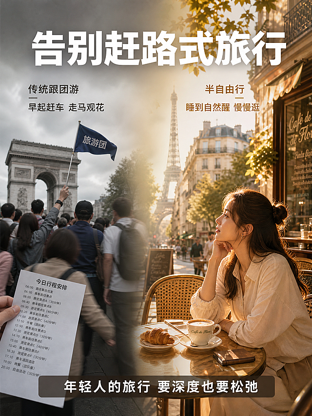 [主图-2] 痛点与目标场景对比，展示传统跟团游的紧张赶路 vs 半自由行的松弛惬意，激发年轻人对舒适旅行的向往。
[统一基调] 小红书氛围感旅行大片质感，暖调高级，整体以暖金色、落日橙、米白、深棕为主色，标题字用白色或暖金色粗体无衬线字体，辅助字用浅米色或深棕色，卡片用半透明暖白圆角矩形，整体光影柔和温暖，适合朋友圈和小红书竖版3:4广告。
[画面] 画面采用左右分屏对比构图，但用柔和渐变过渡避免生硬分割。左侧是传统跟团游痛点场景：拥挤的人群、举着小旗子的导游、游客匆忙赶路的模糊身影、密密麻麻的行程单特写，色调偏冷偏灰，营造压抑赶路感。右侧是半自由行目标场景：一位年轻女生坐在巴黎街边咖啡馆外，面前放着咖啡和可颂，阳光洒在身上，她悠闲地看着街景，背景是温馨的法式街道和远处的埃菲尔铁塔小景，色调温暖明亮。左右两侧用柔和的光效过渡，右侧明显更亮更暖。
[光影质感] 左侧冷调阴天光，偏灰偏平，营造压抑感；右侧暖调金色阳光，从侧方打来，有柔和的光斑和树影，人物和桌面有温暖的光照，整体对比鲜明但过渡自然。
[配色] 左侧冷灰、淡蓝为主；右侧暖金、橙黄、米白、深棕为主，形成强烈视觉对比，突出右侧半自由行的舒适感。
[文字版式] 画面顶部居中放主标题"告别赶路式旅行"，白色粗体大字。左侧上方小字"传统跟团游 早起赶车 走马观花"，深灰色字；右侧上方小字"半自由行 睡到自然醒 慢慢逛"，暖金色字。画面底部放一行总结文案"年轻人的旅行 要深度也要松弛"，白色字配半透明深棕底条。文字都放在负空间，不遮挡人物主体。
[输出要求] 竖版3:4比例，画面清晰，对比鲜明，文字清晰可读。禁止变形、错字、模糊、杂乱、水印、平台Logo、人物面部扭曲。
