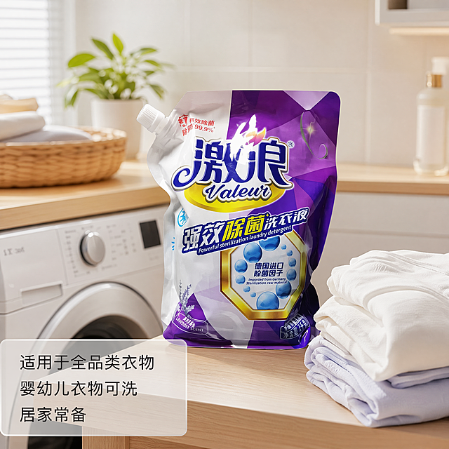 [主图-4] 激浪强效除菌洗衣液家庭适用场景展示。[氛围风格] 温馨自然，生活化代入感，高端整洁。[画质] 商业摄影质感，光线柔和通透，产品清晰真实，画面干净高级。[元素] 洗衣液放置在干净的洗衣机旁台面上，旁边搭着洗好的浅色衣物，整体为明亮整洁的家居洗衣房场景。保持洗衣液产品外观、物理结构、材质质感、颜色与输入产品图绝对一致，杜绝任何变形和色差，精细化处理。产品主体突出，场景自然不抢戏。[光影] 自然光，整体明亮温馨，光线柔和，无强烈阴影。[配色] 浅原木+白色家居背景，突出产品紫蓝色包装。[视角构图] 平视生活化场景构图，景深适中。[文字版式] 底部浅灰色半透明框，分三行写"适用于全品类衣物"、"婴幼儿衣物可洗"、"居家常备"，文字左对齐，清晰不遮挡主体。[比例分辨率] 1:1比例，4k分辨率，文字清晰锐利，画面超高清。[负向提示词] 变形，水印，文字错乱，产品图模糊，背景杂乱，第二件半价，其他产品，文字遮挡主体，杂乱场景