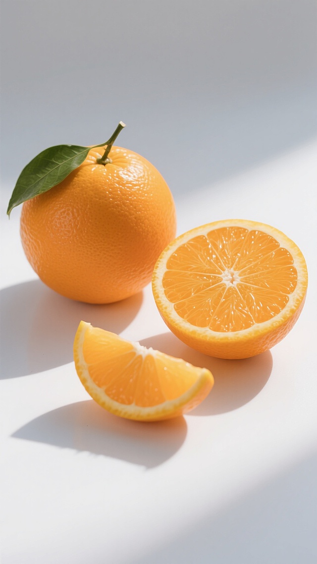 高清晰食品摄影，白色背景，三个不同造型的橙子：一个完整带绿叶的橙子，一个对半切开露出饱满果肉和清晰果瓣纹理的橙子，一个小扇形切片，整体构图简洁对称，柔和的顶光照明，高光处有轻微反光，阴影自然柔和，橙子表皮呈现光滑细腻的质感和鲜亮的橙色，果肉纹理清晰可见，整体色调明亮清新，突出橙子的新鲜感和多汁感。