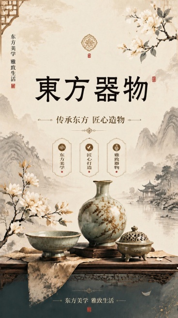 将海报主标题“东方器物”四个字替换为参考图中提供的字体样式，完全保留该字体样式不做修改，保持其余全部文案、排版、背景、器物和整体古风素雅水墨风格不变预览效果